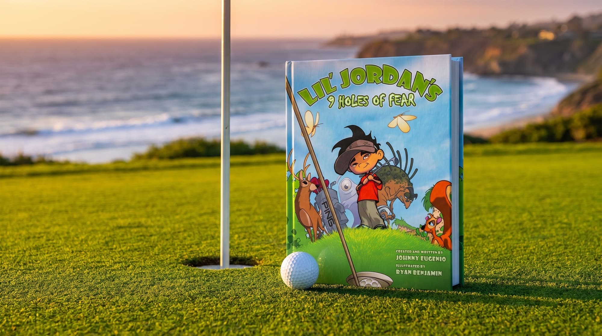 Lil' Jordan's 9 Holes of Fear standing on a putting green by the cup at golden hour, ocean behind (AI-generated image)