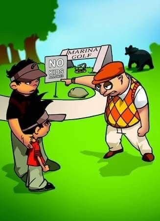 Illustration from the book: Lil’ Jordan at a Marina Golf sign that says No Kids Allowed