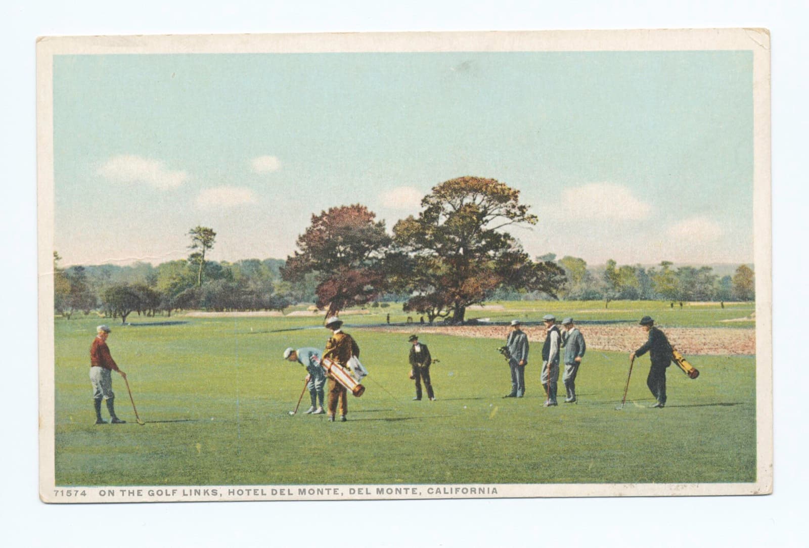 Vintage postcard of golfers on the links at Hotel Del Monte