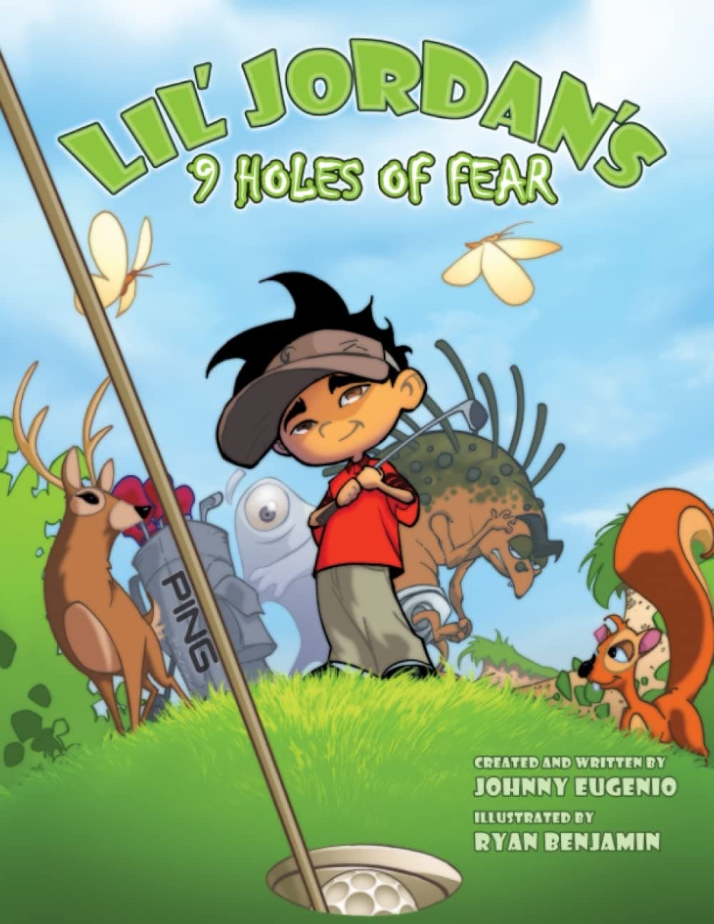 Cover of Lil' Jordan's 9 Holes of Fear: Lil' Jordan on a green with friendly course monsters behind him